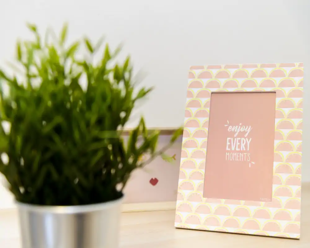 Close-up decorative scene on a wooden surface with a patterned photo frame and a potted plant—bright, styled detail suitable for bedroom or living-area staging.