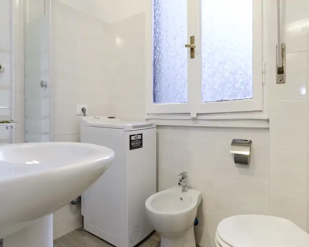 Clean, bright bathroom with a basin, bidet, toilet and a top-loading washing machine beneath a frosted window.