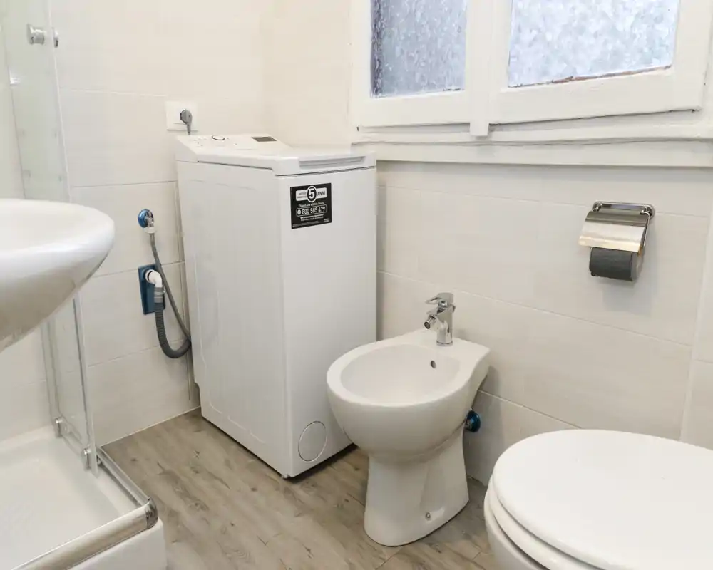 Compact, clean bathroom with a shower, bidet, toilet and a washing machine; neutral tiles and wood-effect floor create a neat, functional space.