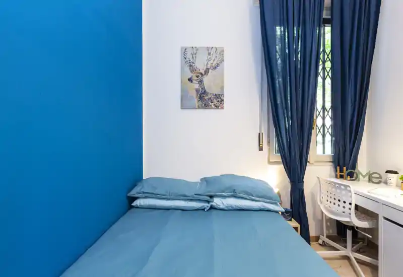 Chambre lumineuse et soignée avec un lit double bleu contre un mur d'accentuation bleu, table de chevet et petit bureau près de la fenêtre — espace propre et bien éclairé parfait pour une annonce.