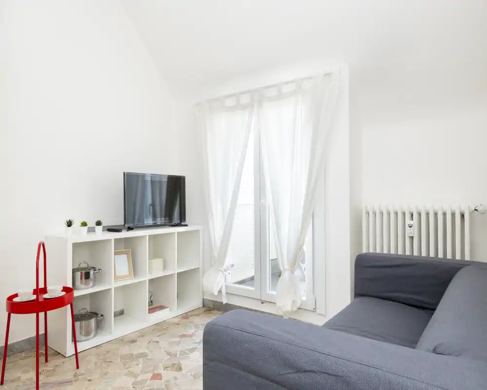 Bright, minimal living area with a compact sofa, TV on open shelving and glass doors letting in natural light; modern, airy and well-lit space.