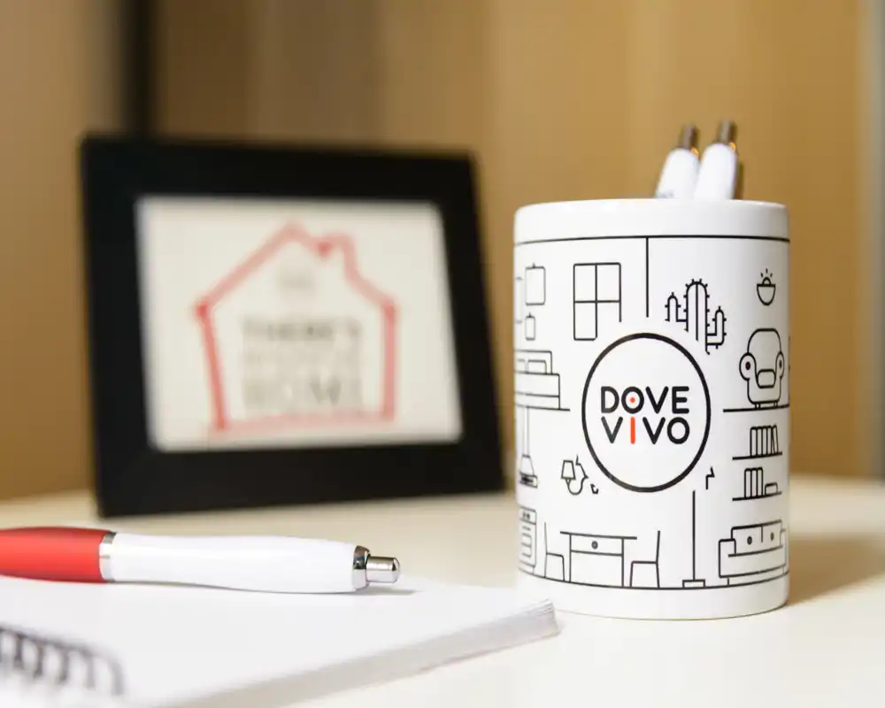 Gros plan d'un mug portant un logo utilisé comme pot à stylos sur un bureau, avec un carnet et un stylo ; un cadre flou en arrière-plan.