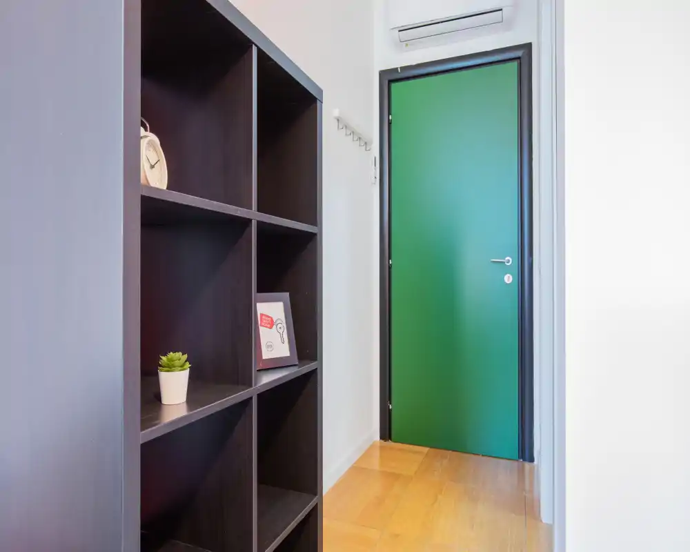 Entrada compacta y bien iluminada con puerta verde, percheros en la pared y estantería cúbica oscura — adecuada como recibidor ordenado.