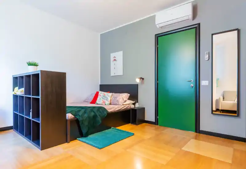 Dormitorio bien decorado con cama doble, cojines coloridos y una estantería divisoria; decoración moderna y luminosa con suelo de madera.