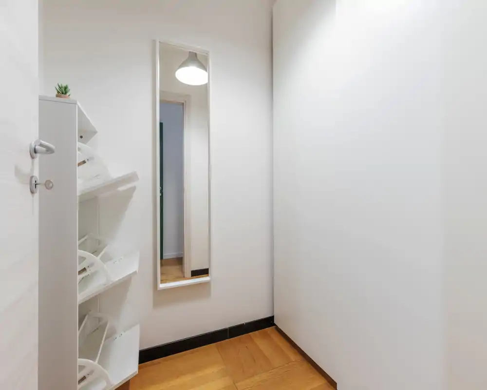 Small, bright entryway with wooden flooring, wall-mounted mirror and compact shoe storage—clean and minimal welcome area.