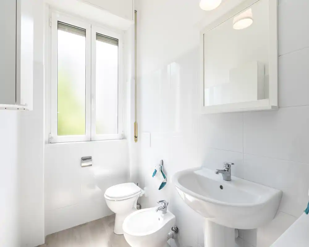 Salle de bain moderne et lumineuse avec lavabo, armoire-miroir, WC et bidet sous une fenêtre dépoli ; carrelage blanc et lumière naturelle pour une sensation de fraîcheur.