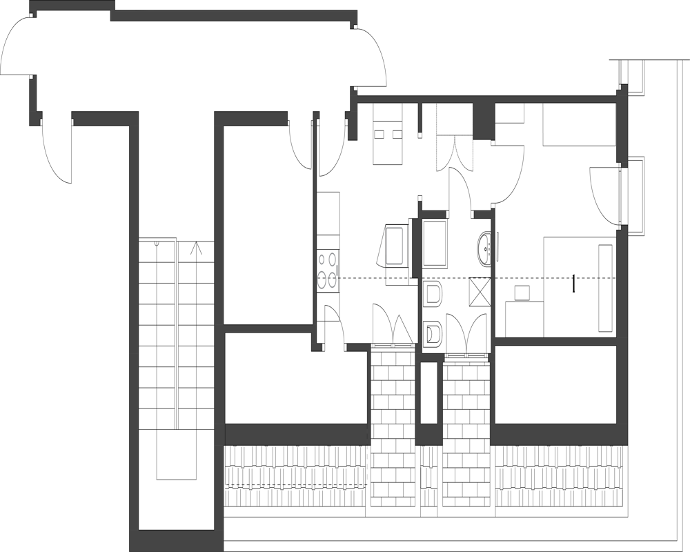 Disegno planimetrico in bianco e nero che mostra la distribuzione degli ambienti, porte, scala e impianti — vista planimetrica adatta a planimetrie tecniche e annunci.