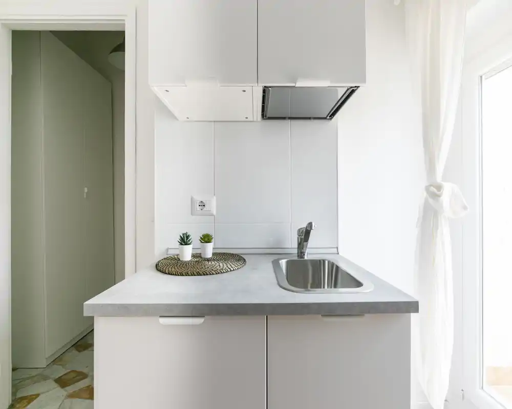 Angolo cottura compatto e moderno con lavello in acciaio, piano chiaro e due piccole piante; la luce naturale rende l'ambiente luminoso e minimalista.