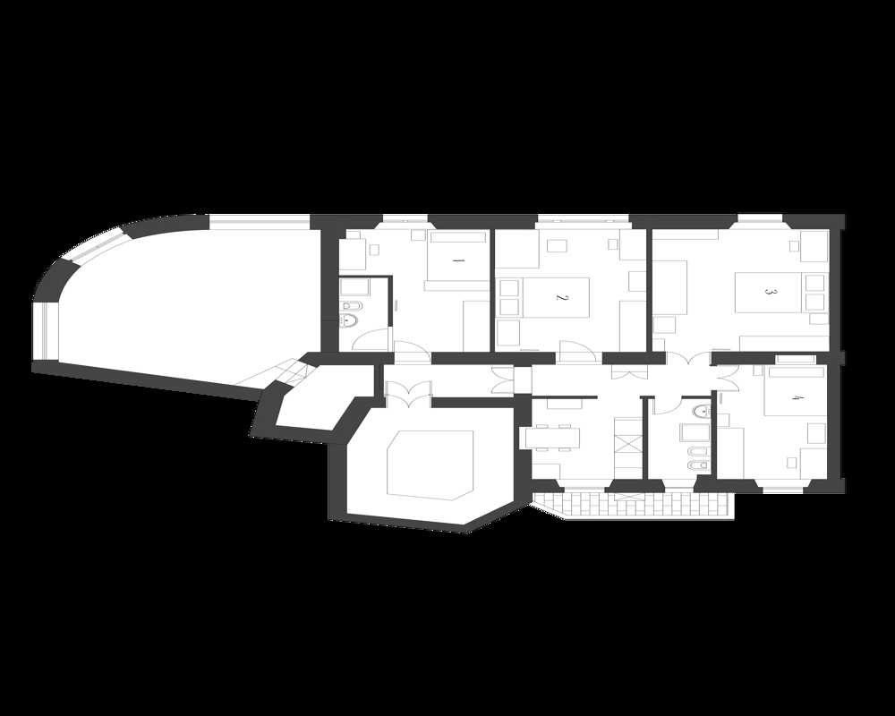 Pianta in bianco e nero che mostra la disposizione di più stanze, corridoi e bagni; visione planimetrica chiara utile per annunci e comprensione degli spazi.