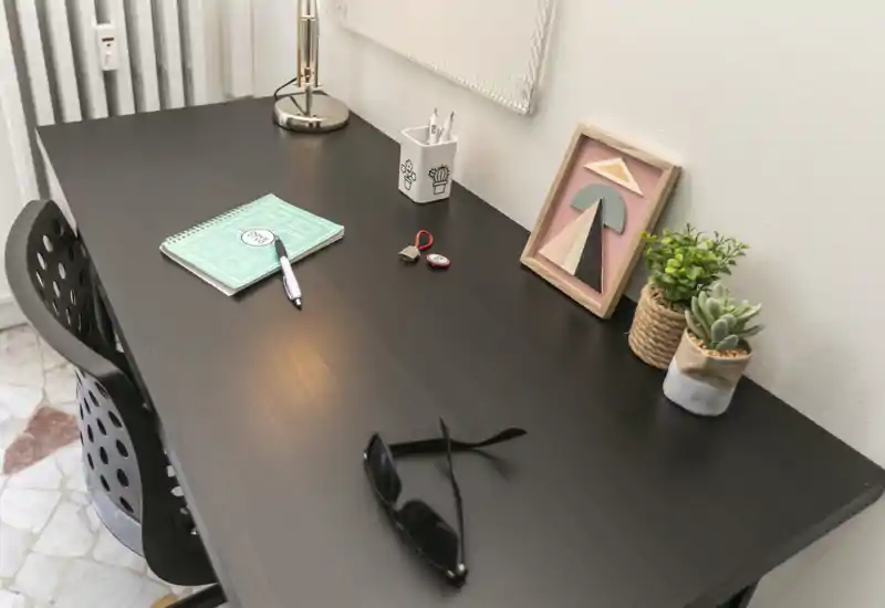 A tidy work nook with a black desk, chair, lamp, small plants and decorative frame — ideal for remote work or study.
