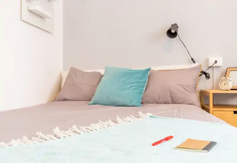 Camera da letto luminosa e accogliente con letto matrimoniale ordinato, cuscini decorativi e un morbido plaid; comodino con lampada e sveglia.