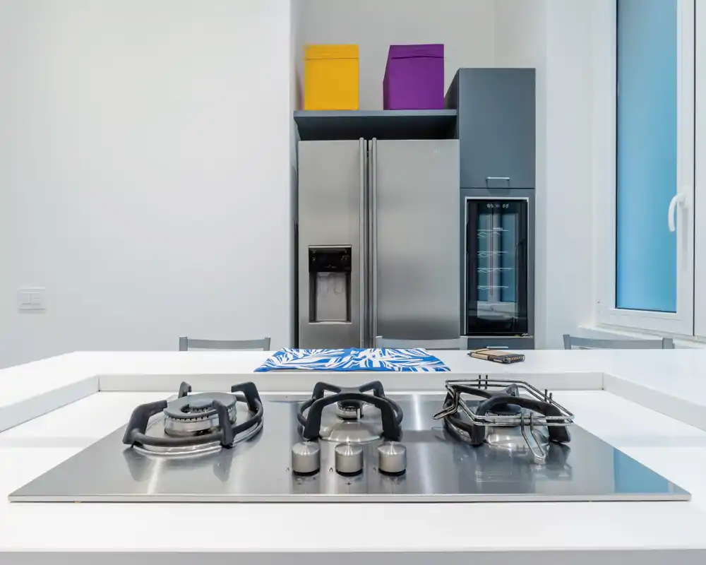 Cocina moderna y luminosa con una placa de gas de acero inoxidable en primer plano y frigorífico tipo 'side-by-side' y vinoteca al fondo. Diseño limpio y minimalista con detalles de color.
