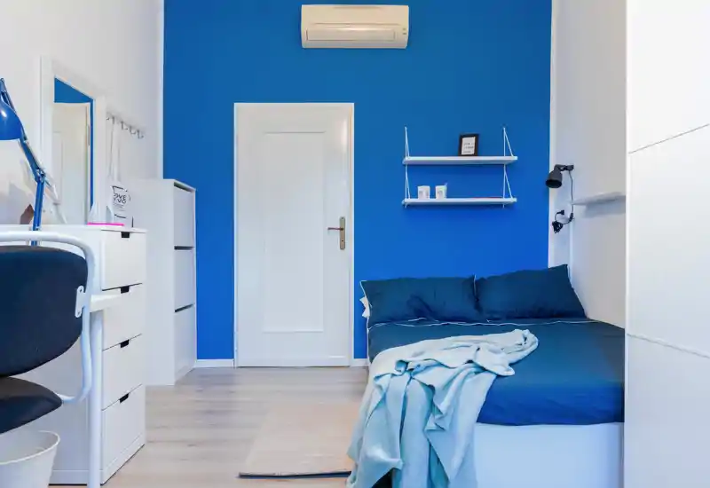 Bright, modern single bedroom with a bold blue accent wall, neatly made bed with navy bedding and a light throw, compact desk and storage — ideal for a student or single occupant.