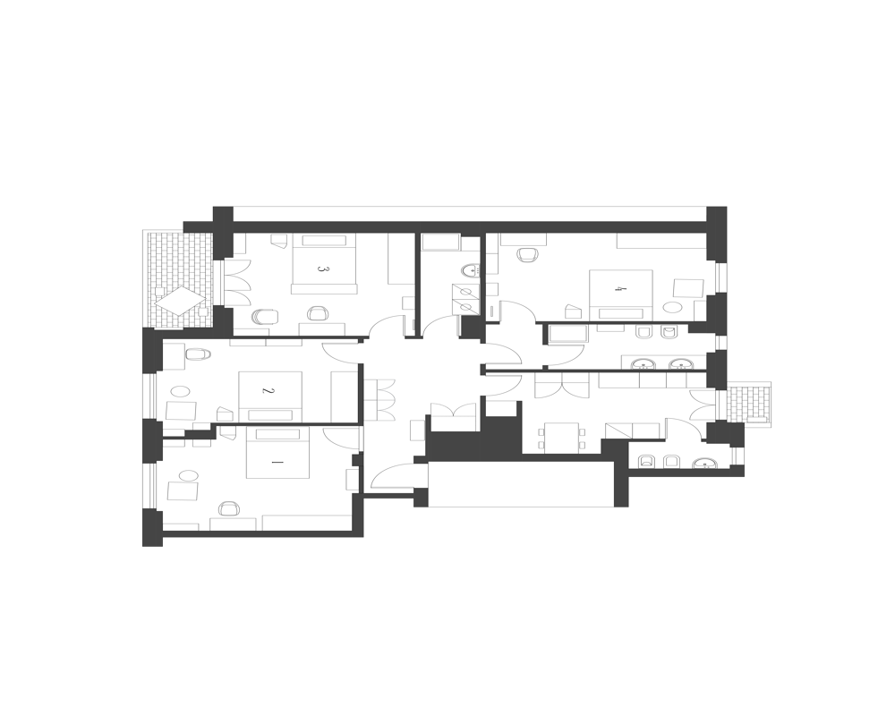Plano arquitectónico en blanco y negro que muestra la distribución de un piso: varias habitaciones, pasillos, baños y balcones en vista en planta.
