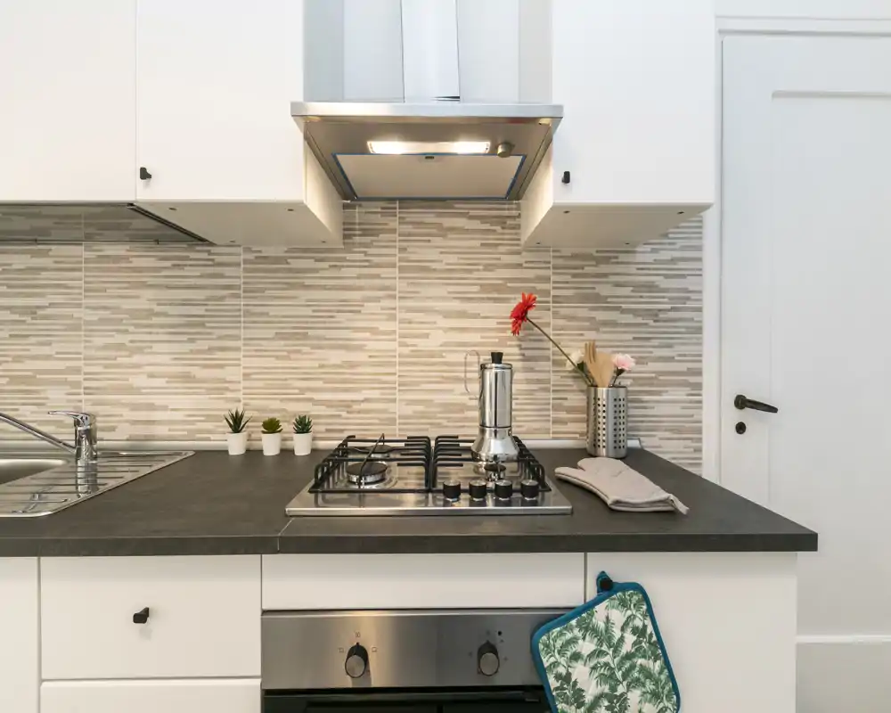Cocina moderna y compacta con placa de gas empotrada, fregadero de acero inoxidable, salpicadero de azulejos y pequeños detalles decorativos (plantas y flores) que crean una zona de cocción ordenada y funcional.