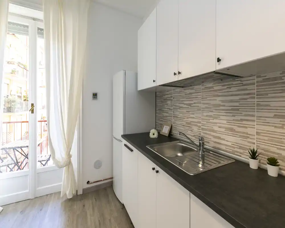 Cocina compacta y moderna con muebles blancos, fregadero de acero inoxidable, encimera oscura y nevera alta junto a la puerta balcón luminosa — decoración cuidada con pequeñas plantas que aportan calidez.