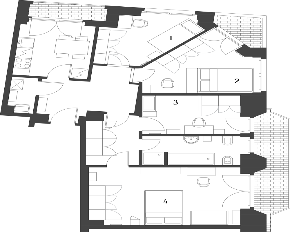 Pianta architettonica in bianco e nero che mostra la disposizione dell'appartamento con stanze numerate, porte, finestre e sagome dell'arredo.