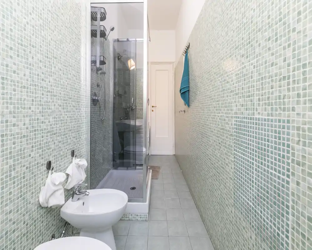 Salle de bains étroite et lumineuse avec mosaïque verte, cabine de douche, bidet et crochets pour serviettes ; propre et moderne.