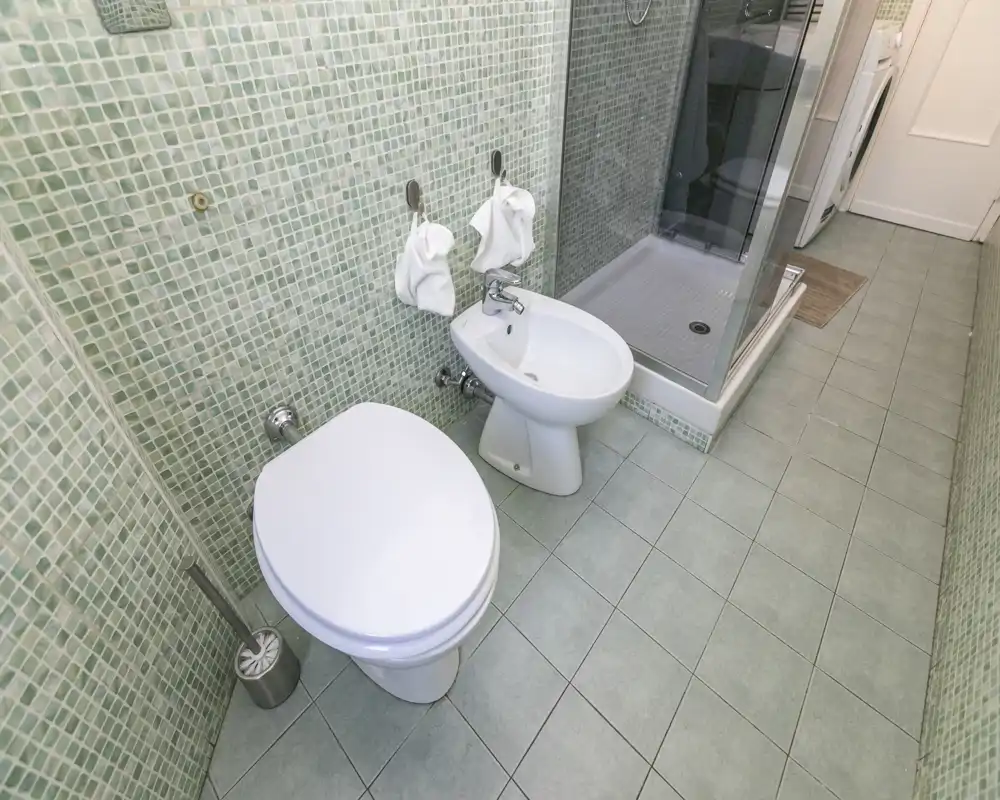 Salle de bain propre et moderne avec WC, bidet et cabine de douche d'angle en verre. Mosaïque vert pâle et sol assorti pour un rendu harmonieux.