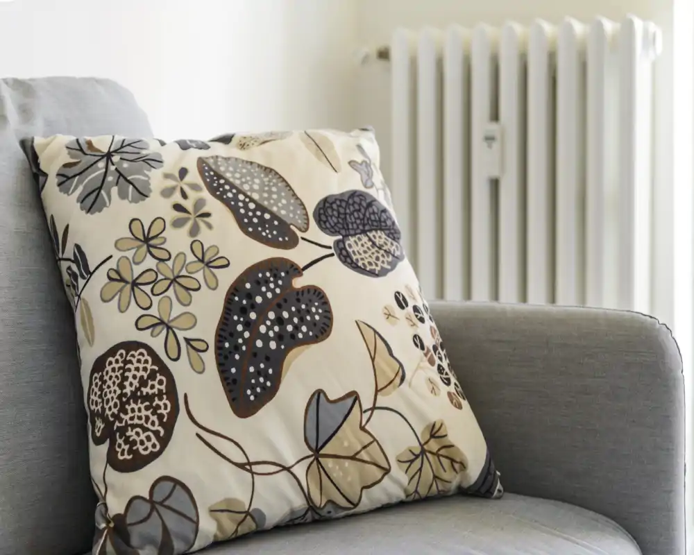 Primo piano di un cuscino decorato su una poltrona grigia imbottita, che suggerisce un'area living confortevole con toni neutri e morbidi.