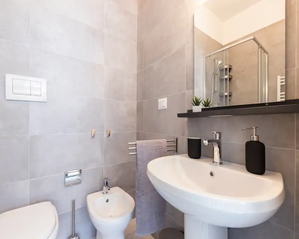 Baño moderno y compacto con lavabo de pie, bidé y espejo de pared. Baldosas grises y decoración discreta que transmiten una sensación limpia y contemporánea.