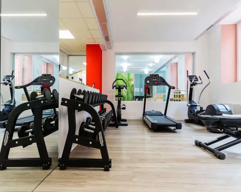 Piccola palestra privata con tapis roulant, ellittiche e rastrelliera di manubri, luminosa e ben illuminata con specchi e pavimento effetto legno.