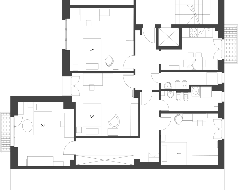 Pianta architettonica in bianco e nero che mostra la disposizione di più stanze (camere da letto, cucina, bagni, corridoi) con simboli d'arredo e numeri delle stanze — una planimetria che rappresenta la disposizione dell'appartamento.
