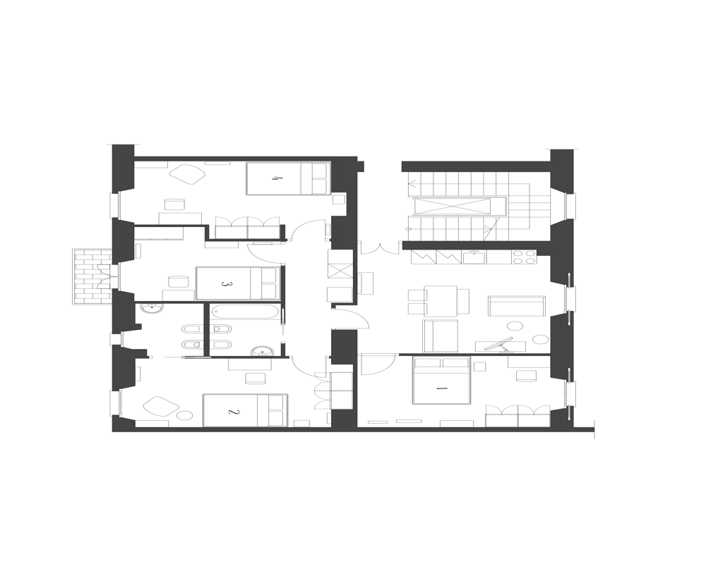 Pianta architettonica di un appartamento che mostra stanze, pareti, porte e simboli degli arredi su sfondo nero.