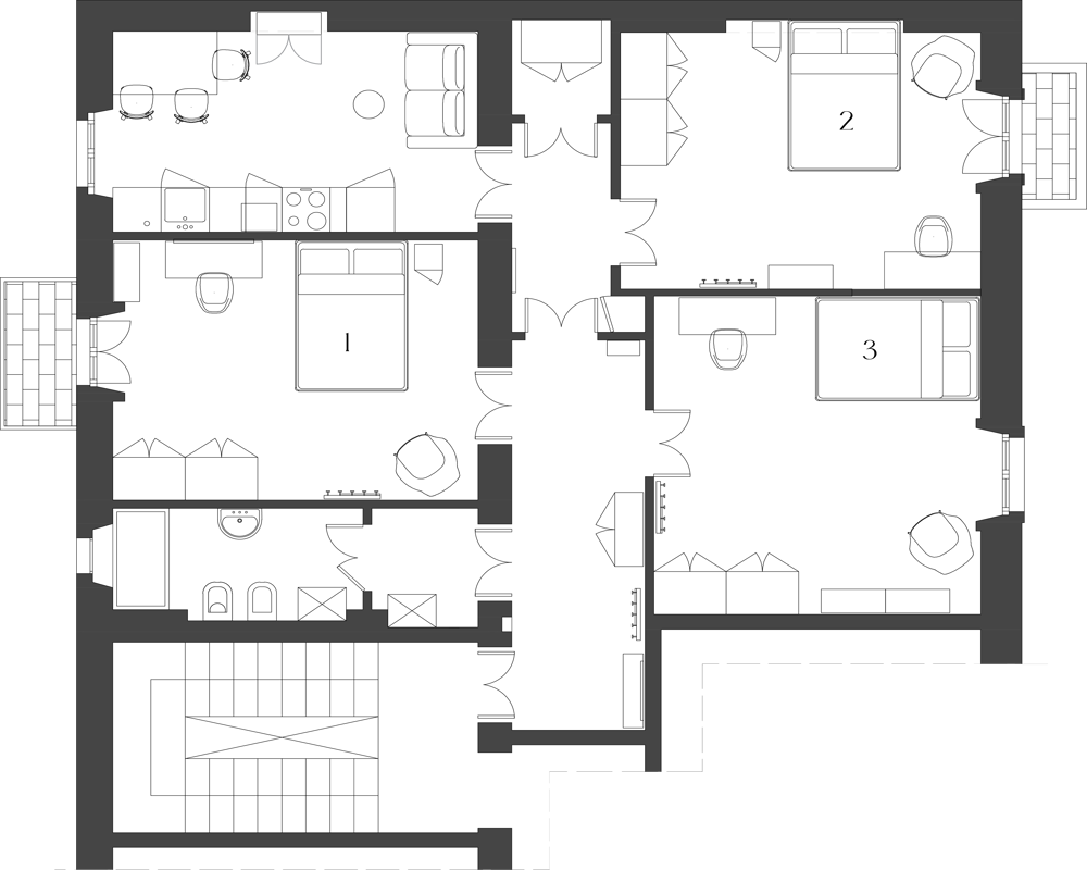 Plan en vue de dessus montrant plusieurs pièces et l'agencement du mobilier — il s'agit d'un dessin de planimétrie architecturale, pas d'une photo d'une pièce spécifique.