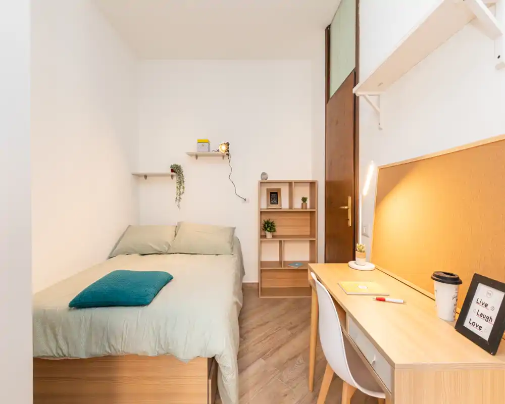 Camera da letto singola luminosa e ben allestita con letto comodo, scrivania integrata e mensole — ideale per studenti o lavoratori. Biancheria morbida, lampada da tavolo e piante rendono l’ambiente accogliente.