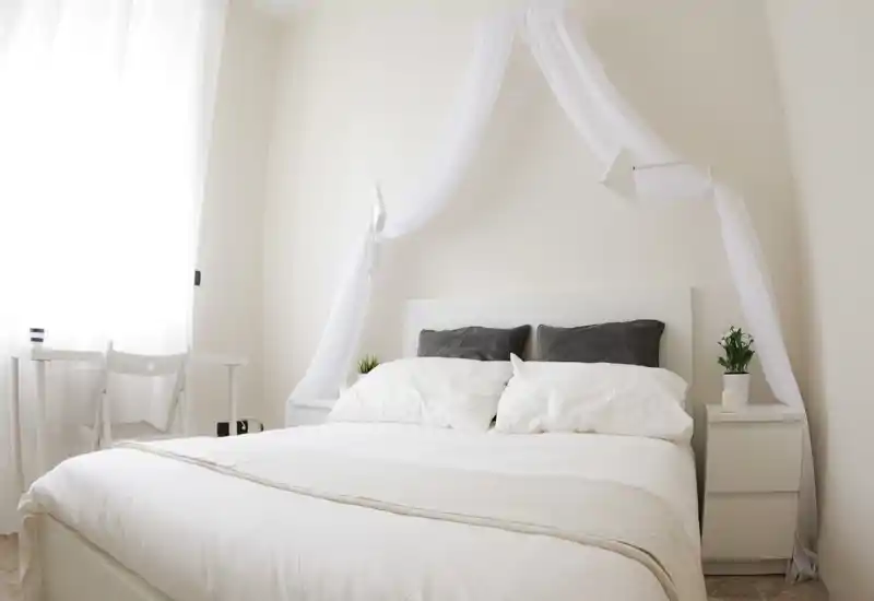 Bright, minimalistic bedroom with a large white bed, soft canopy and bedside tables; natural light fills the room creating an airy, calm atmosphere.