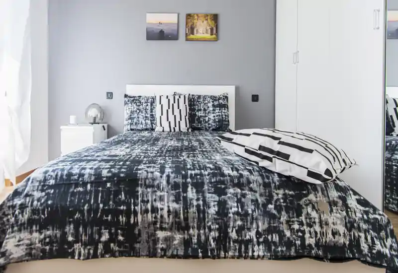 Camera da letto moderna e luminosa con letto centrale dalle fantasie scure, cuscini coordinati e un comodino con lampada. Parete grigio neutro e armadio bianco per un aspetto contemporaneo e rilassante.