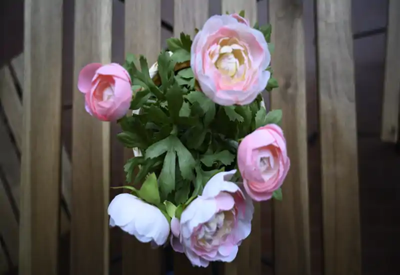 Primo piano di un piccolo mazzo di fiori stile ranuncolo rosa e bianchi su una superficie in legno a doghe; dettaglio decorativo adatto per styling.