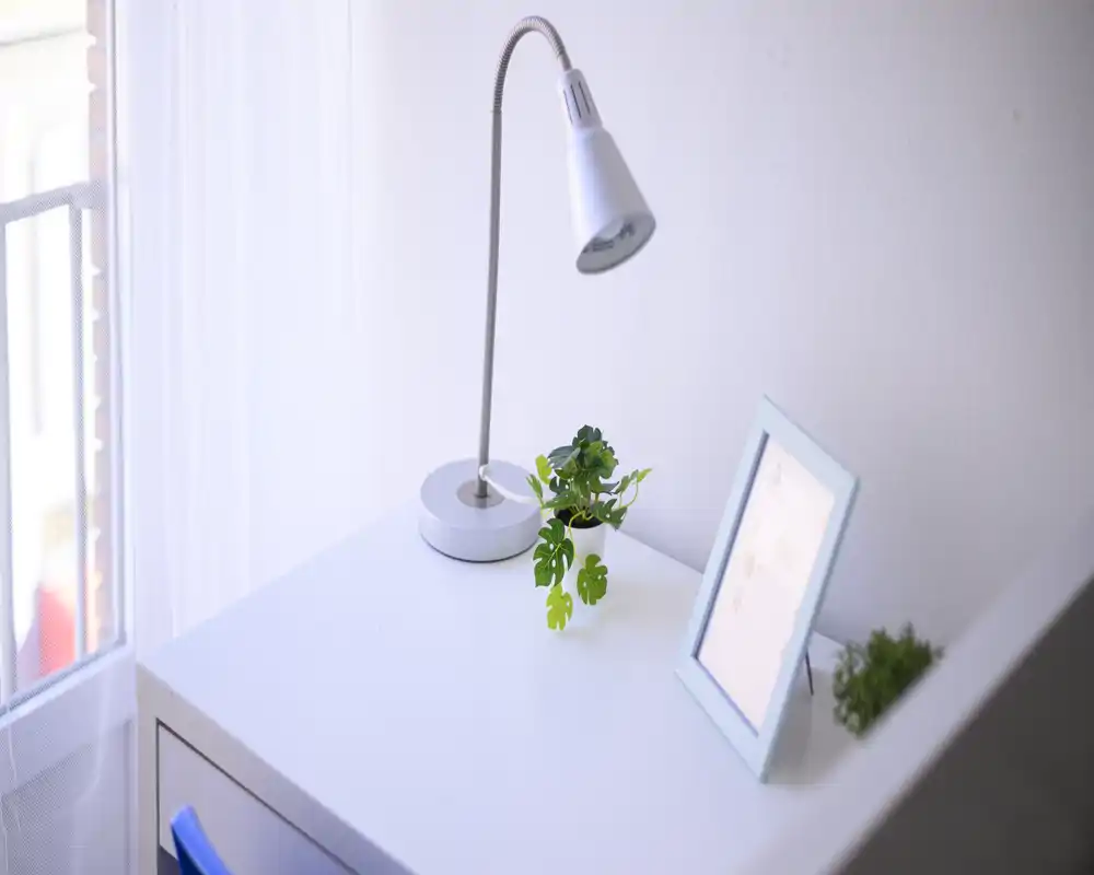 Coin bureau lumineux et minimaliste avec lampe orientable, petite plante en pot et cadre photo, idéal pour travailler près d'une fenêtre ensoleillée.
