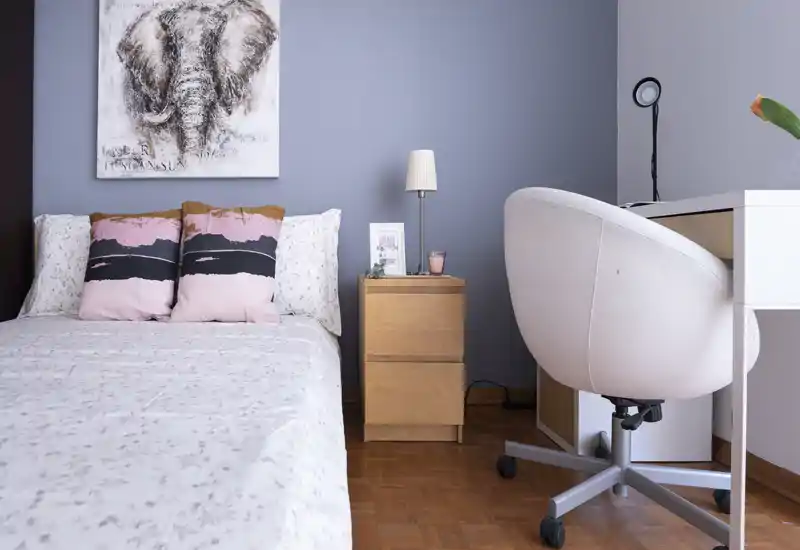 Bright, well-staged bedroom corner with a comfortable bed, decorative pillows, a wooden bedside table and a small workspace with an upholstered desk chair.