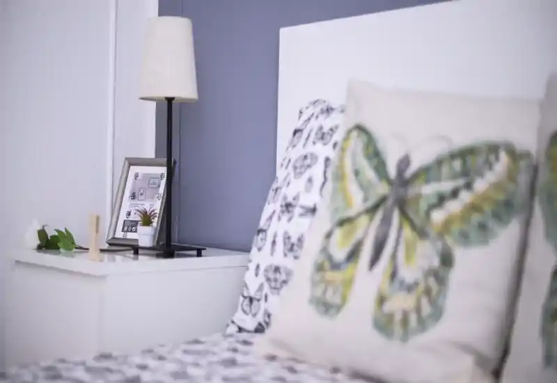 Close-up bedroom detail showing a patterned pillow and part of the bed with a bedside table, lamp and small plant—cozy, softly lit composition ideal for listing photos.