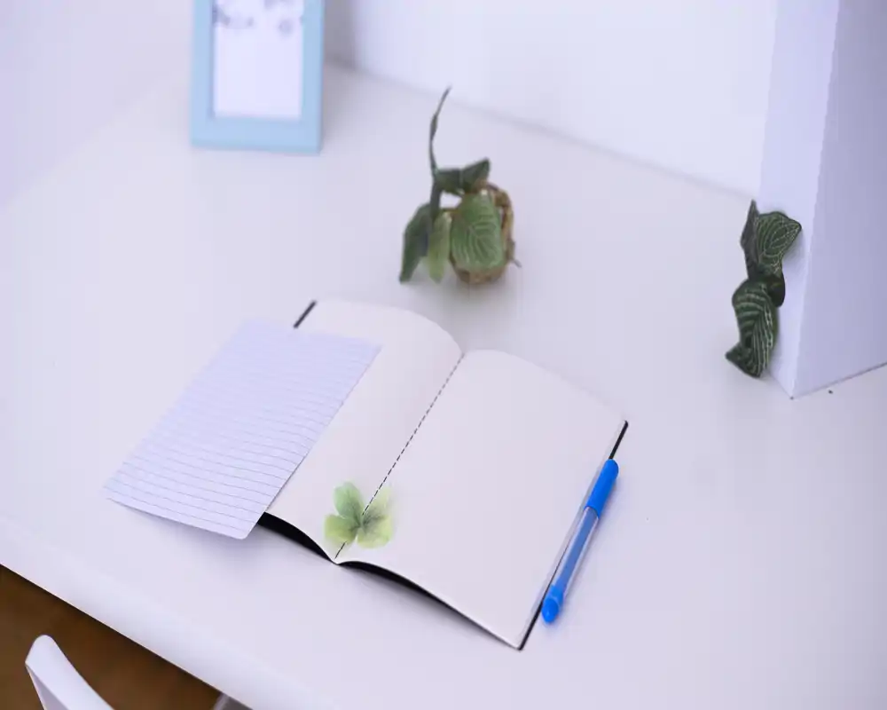 A tidy white desk with an open notebook, a lined sheet and a blue pen, styled with small decorative plants — ideal for a compact workspace or entryway surface.