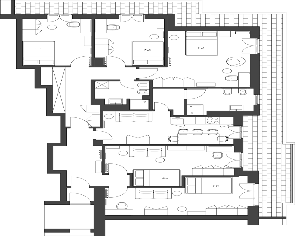 Pianta architettonica (planimetria 2D) che mostra la disposizione delle stanze, l’ingombro degli arredi e la terrazza — un disegno tecnico, non una fotografia dell’ambiente.