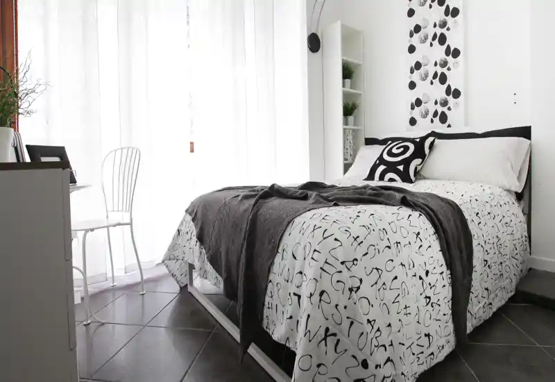 Bright, modern bedroom with a patterned duvet, decorative pillow and a dark throw. Large sheer curtains let in abundant natural light and the room features simple, minimalist furnishings.