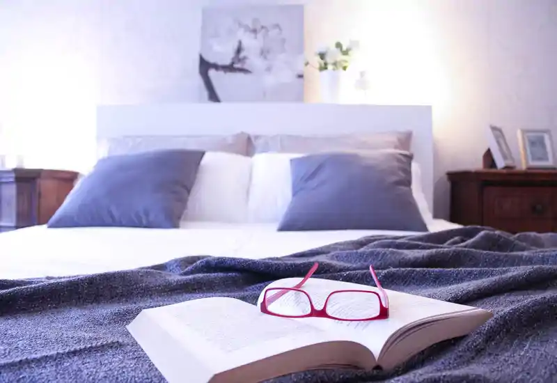 Bright, cozy bedroom with a neatly made bed, decorative pillows and a soft throw; a book and glasses on the bed add a lived-in touch.