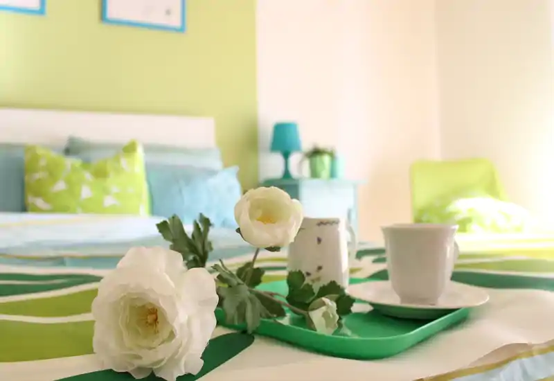Camera da letto luminosa e curata con letto ben rifatto, cuscini decorativi e un vassoio con fiori: ambiente fresco e accogliente.