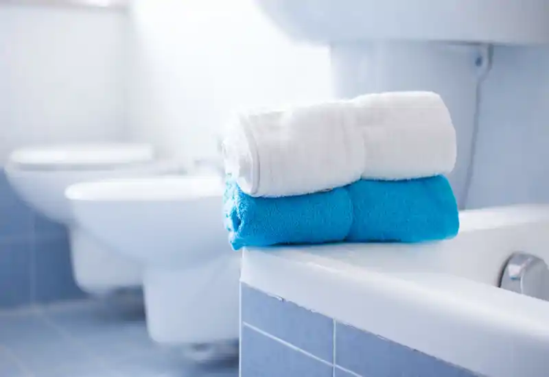 Détail de salle de bain net : serviettes blanches et bleues pliées sur le rebord de la baignoire, toilette et bidet légèrement floutés en arrière‑plan, suggérant une salle de bain propre et soignée.