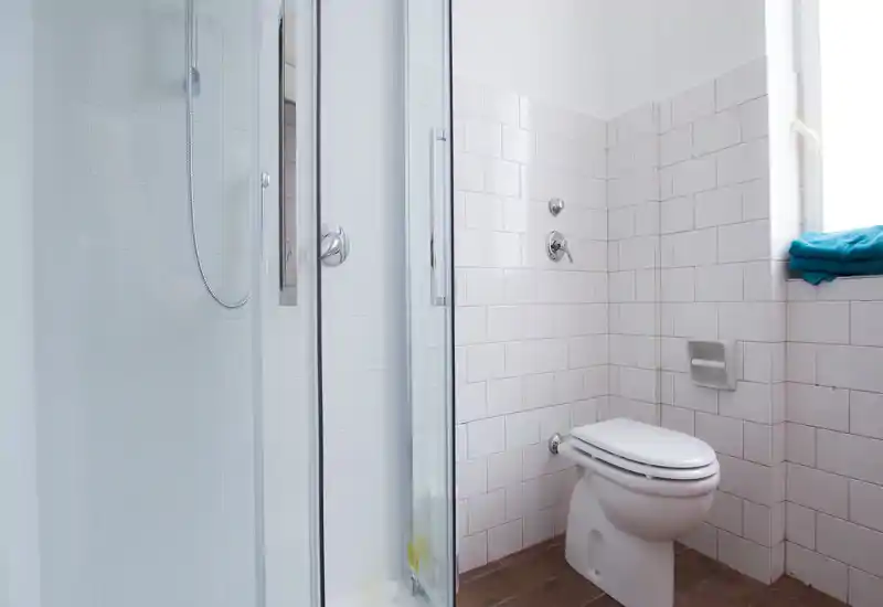 Bright, clean bathroom with a glass-enclosed shower, white tiled walls and a compact toilet; natural light from a window brightens the space.