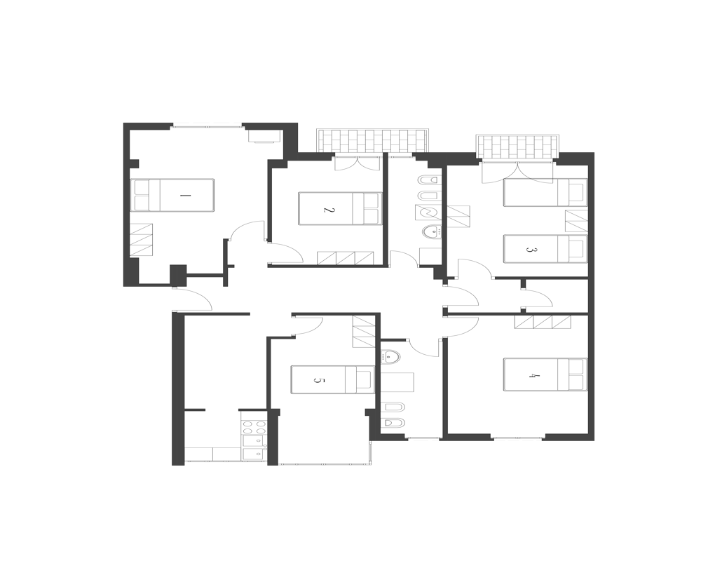Plan architectural en noir et blanc montrant la disposition d'un appartement avec plusieurs pièces, couloirs, salles de bains et une zone cuisine — vue planimétrique utile pour comprendre l'agencement.