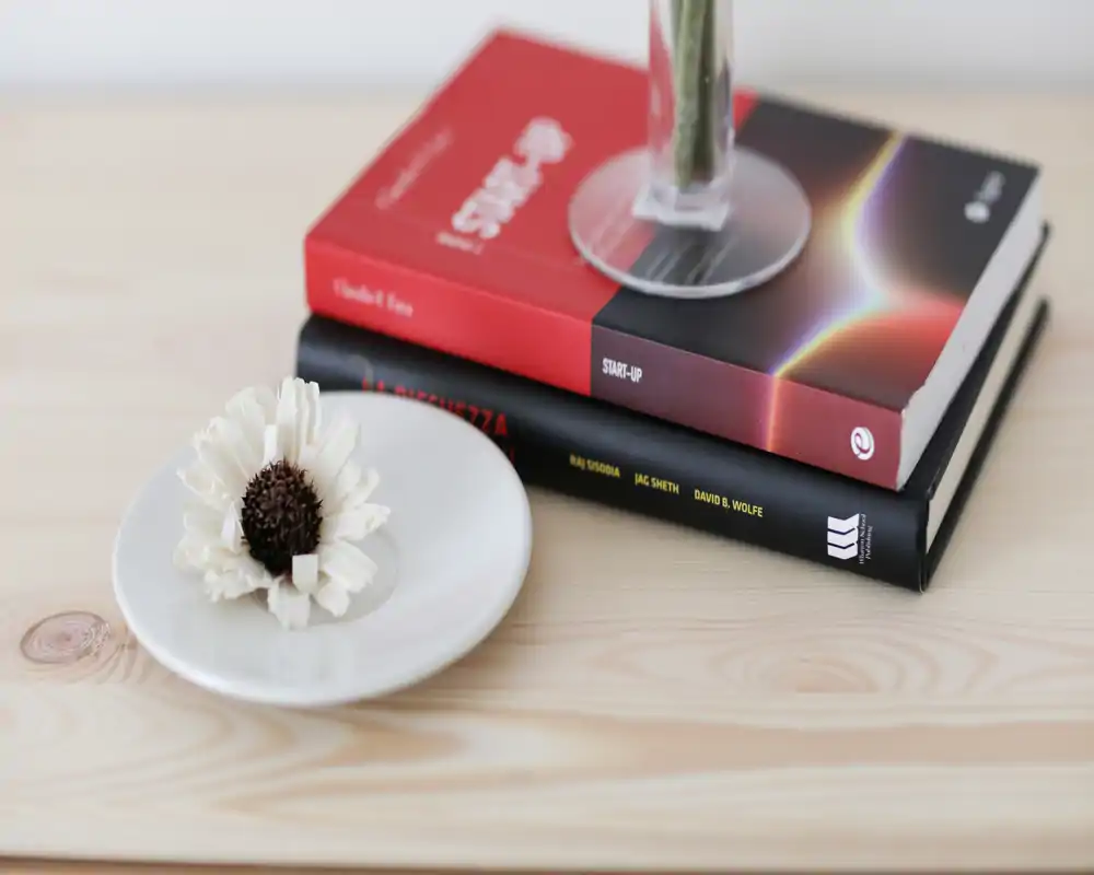 Plano detalle decorativo sobre una mesa de madera con libros apilados, un platillo y una flor seca: una agradable escena de salón con luz natural suave.