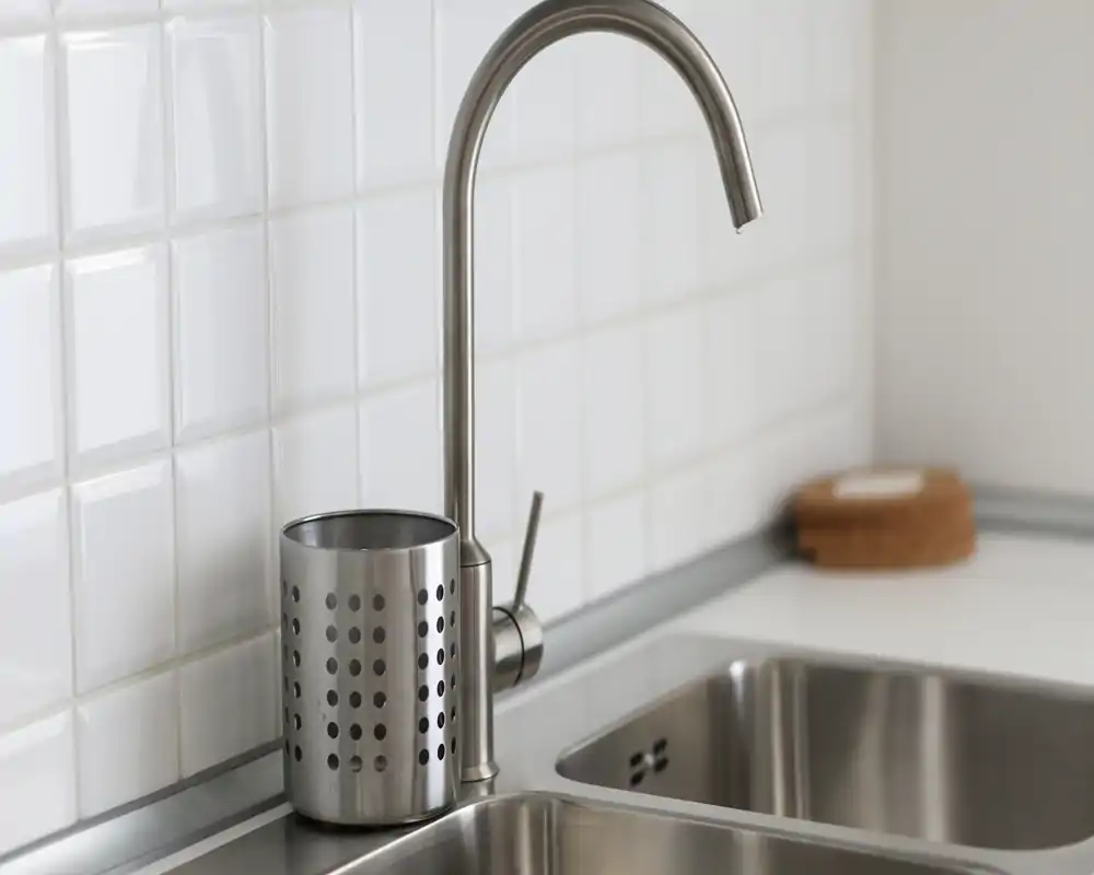 Zona de fregadero de cocina moderna con grifo de acero inoxidable y doble cubeta; salpicadero de azulejos blancos y portautensilios transmiten un espacio limpio y minimalista.