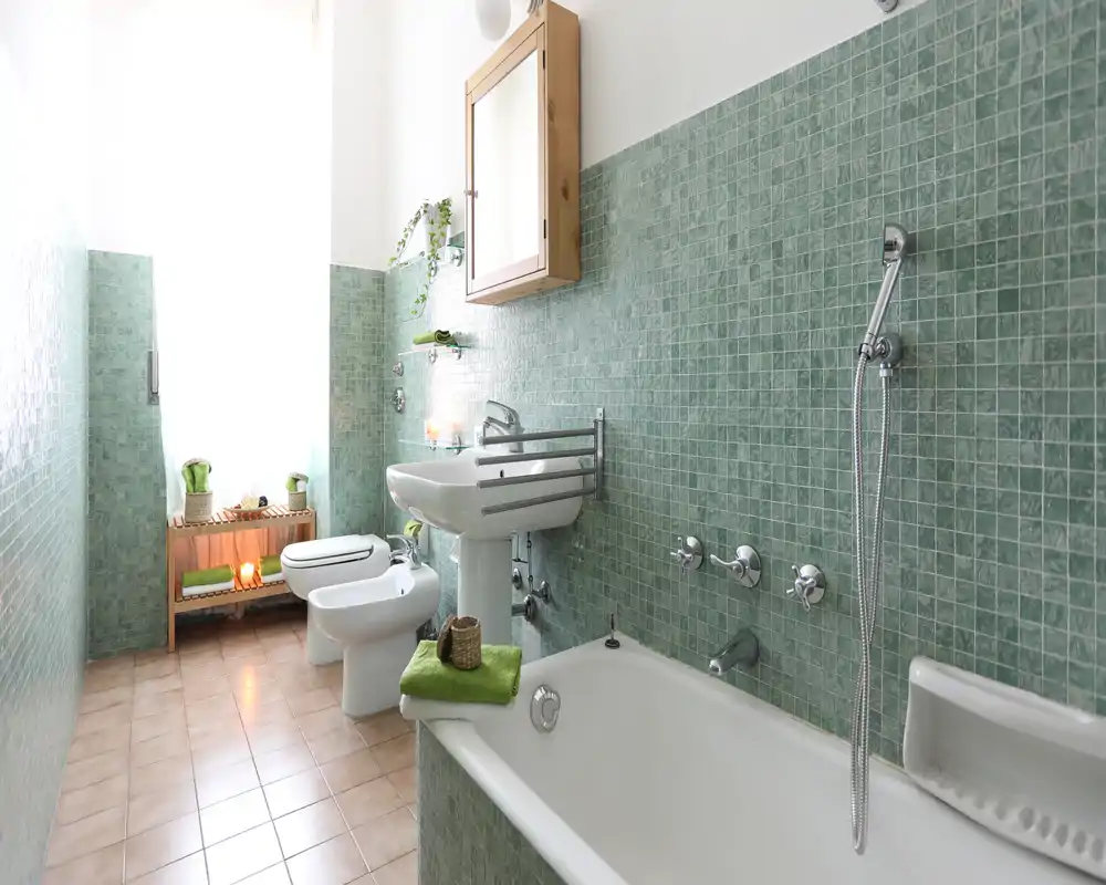 Baño luminoso y cuidado con azulejos mosaico verdes, bañera con ducha de mano, lavabo, bidé y WC; toallas y plantas ofrecen un ambiente agradable.