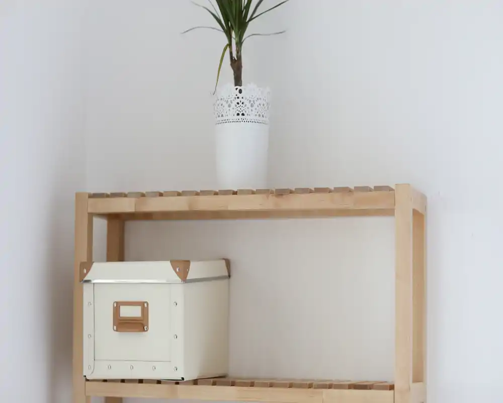 Detalle de una estantería de madera minimalista con una maceta blanca decorativa y una caja de almacenamiento crema en una esquina lisa: detalle de decoración, no una vista completa de la habitación.