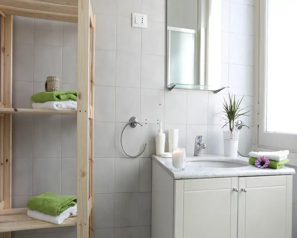 Baño moderno y luminoso con mueble lavabo, espejo, planta en maceta y toallas dobladas en estantería abierta — un espacio limpio y acogedor.