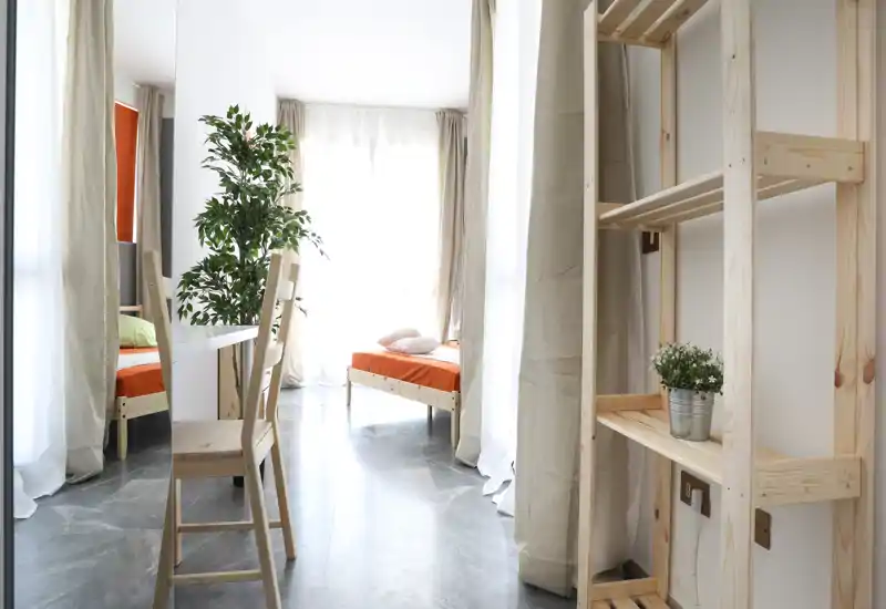 Bright, minimalist bedroom with a single wooden bed dressed in orange bedding, light curtains and natural light from a large window. Simple wooden furniture and a potted plant create a fresh, airy atmosphere ideal for rental listings.